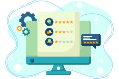 Bilgisayarda online alışveriş ürün reytinglerinin gösterimi. Çevrimiçi bazı ürün incelemelerini gösteren bilgisayar monitörü