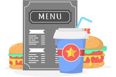 Restoran menülerinin listesi, çeşitli hamburgerlerin ve soda içeceklerinin listesi.