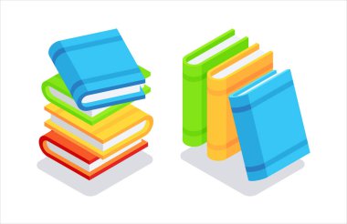 Renkli kitap yığınları. Düz, 3d, vektör, izometrik, karikatür biçimi çizimi beyaz arkaplanda izole