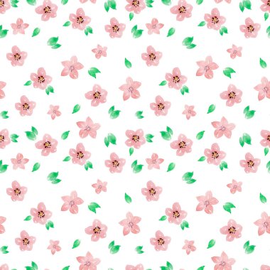 Bahar çiçeklerinin resmedildiği kusursuz suluboya deseni, yapraklar.