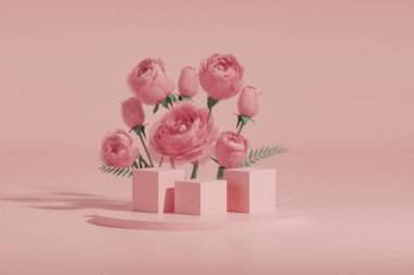 3 boyutlu podyum, gül çiçekli pastel pembe arkaplan. Cam duvar ve palmiye yaprağı gölgesi. Güzellik için minimum kaide, kozmetik ürün. Valentine, kadınsı kopyalama alanı şablonu 3d oluşturma