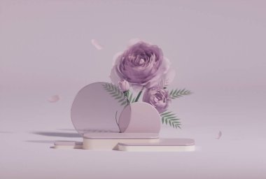 3 boyutlu podyum, gül çiçekli pastel mor arkaplan. Çember çerçeve ve palmiye yaprağı gölgesi. Güzellik için minimum kaide, kozmetik ürün. Valentine, kadınsı kopyalama alanı şablonu 3d oluşturma