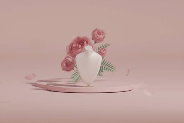 Gül çiçeği arkaplanındaki kolye için küçük bir mücevher gösterisi. Dursana. Pembe renkli manken mücevher standı. Kadınsı kopyalama alanı şablonu 3d oluşturma