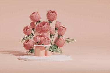 3 boyutlu podyum, gül çiçekli pastel pembe arkaplan. Cam duvar ve palmiye yaprağı gölgesi. Güzellik için minimum kaide, kozmetik ürün. Valentine, kadınsı kopyalama alanı şablonu 3d oluşturma