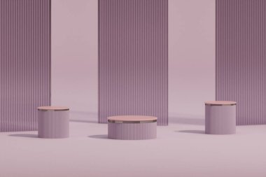 Podyum ve soyut arkaplanı olan en küçük sahne. Pastel mor ve pembe renkli sahneler. Sosyal medya afişleri, tanıtım ve kozmetik ürünler için 3D moda. Geometrik şekiller iç kısımda.