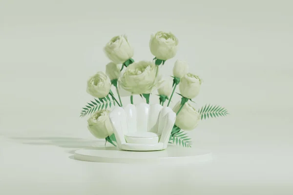 パステルグリーンの背景にバラの花を持つ白いアームチェア 広告のアイデア 創造的な構成 3Dレンダリング ソーシャルメディアと販売の概念 — ストック写真