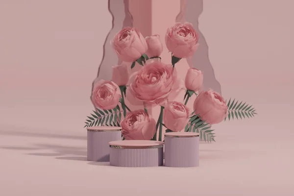 Οθόνη Βάθρο Παστέλ Ροζ Φόντο Τριαντάφυλλο Λουλούδια Γυαλί Τοίχο Και — Φωτογραφία Αρχείου
