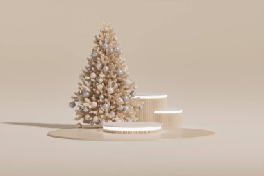 Noel ve Yeni Yıl geçmişi. Beyaz çam ağacı ve dekoratif Noel süsleri, podyum, hediye kutuları. Altın ve beyaz arka plan. Tatil için kış konsepti, dergiler, poster. 3B görüntüleme
