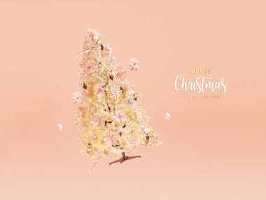Yıldızlı parlak bir Noel ağacı. Mutlu Noeller ve mutlu yıllar. Gerçekçi üç boyutlu nesneler tasarımı, hafif çelenkler, takı topu, hediye kutusu, sürpriz hediyeler, altın konfeti. 3d hazırlayıcı