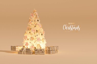 Yıldızlı parlak bir Noel ağacı. Mutlu Noeller ve mutlu yıllar. Gerçekçi üç boyutlu nesneler tasarımı, hafif çelenkler, takı topu, hediye kutusu, sürpriz hediyeler, altın konfeti. 3d hazırlayıcı
