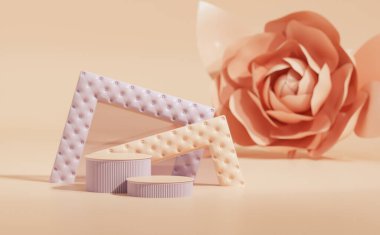 3 boyutlu podyum, gül çiçekli pastel pembe arkaplan. Pembe ayna ve palmiye yaprağı gölgesi. Güzellik için minimum kaide, kozmetik ürün. Valentine, kadınsı kopyalama alanı şablonu 3d oluşturma