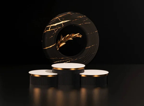 Černozlaté Geometrické Pódium Luxusním Zlatým Mramorovým Černým Pódiem Kamenným Pozadím — Stock fotografie