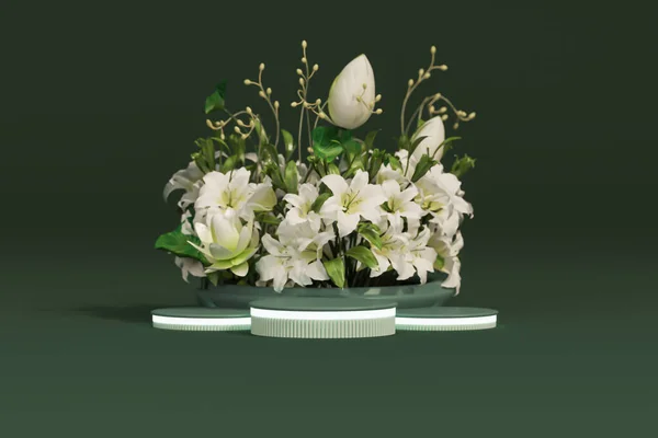 Displej Pódia Pastelové Zelené Pozadí Lotosovým Květem Keř Bílých Lilií — Stock fotografie