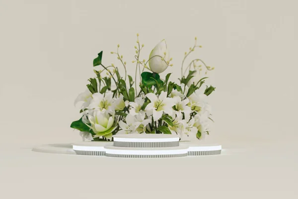 3D表示 ハスの花とパステルグリーンの背景 白いユリとヤシの葉の影の低木 美しさ 化粧品製品のための最小台座 バレンタイン 女性的なコピースペーステンプレート3Dレンダリング — ストック写真