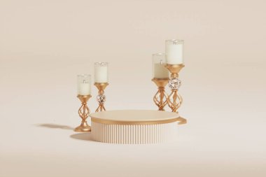 Üç boyutlu podyum, pastel krem arka plan beyaz mum ve palmiye yaprağı gölgesi. Güzellik için minimum kaide, lüks kozmetik ürünler. Valentine, kadınsı kopyalama alanı şablonu 3d oluşturma