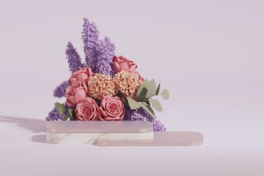 3 boyutlu podyum, gül çiçekli pastel mor arkaplan. Şakayık çiçekleri ve palmiye yaprağı gölgesi. Güzellik için minimum kaide, kozmetik ürün. Valentine, kadınsı kopyalama alanı şablonu 3d oluşturma