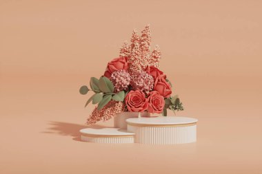 3 boyutlu podyum, gül çiçekli pastel pembe arkaplan. Şakayık çiçekleri ve palmiye yaprağı gölgesi. Güzellik için minimum kaide, kozmetik ürün. Valentine, kadınsı kopyalama alanı şablonu 3d oluşturma