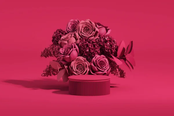 Viva magenta, 2023 yılının moda rengi. Gül çiçekleri ve palmiye yapraklı 3 boyutlu podyum. Güzellik için yayalar, kozmetik ürünler. Valentine, kadınsı kopyalama alanı şablonu 3d oluşturma