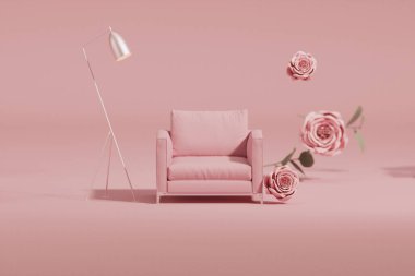 Stüdyoda trend rengi 2023. Odanın içi, tek renkli, pembe, gül çiçekli ve koltuklu. Valentine, kadınsı kopyalama alanı şablonu 3d oluşturma