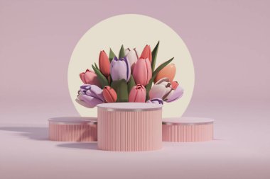 3 boyutlu podyum, lale çiçekli pastel mor arkaplan. Lale çiçeği ve palmiye yaprağı. Güzellik için minimum kaide, kozmetik ürün. Valentine, kadınsı kopyalama alanı şablonu 3d oluşturma