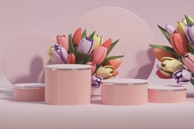 3 boyutlu podyum, lale çiçekli pastel mor arkaplan. Lale çiçeği ve palmiye yaprağı. Güzellik için minimum kaide, kozmetik ürün. Valentine, kadınsı kopyalama alanı şablonu 3d oluşturma