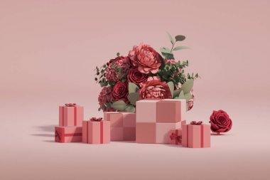 3 boyutlu podyum, pastel pembe arka plan ve hediye gül çiçekleri. Şakayık çiçekleri ve palmiye yaprağı gölgesi. Güzellik için minimum kaide, kozmetik ürün. Valentine, kadınsı kopyalama alanı şablonu 3d oluşturma