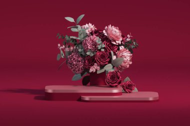 Viva magenta, 2023 yılının moda rengi. Gül çiçekleri ve hediyelerle üç boyutlu podyum gösterisi, palmiye yaprağı. Güzellik için yayalar, kozmetik ürünler. Valentine, kadınsı kopyalama alanı şablonu 3d oluşturma