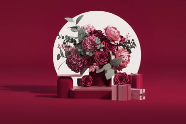 Viva magenta, 2023 yılının moda rengi. Gül çiçekleri ve hediyelerle üç boyutlu podyum gösterisi, palmiye yaprağı. Güzellik için yayalar, kozmetik ürünler. Valentine, kadınsı kopyalama alanı şablonu 3d oluşturma