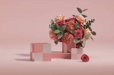 3 boyutlu podyum, pastel pembe arka plan ve hediye gül çiçekleri. Şakayık çiçekleri ve palmiye yaprağı gölgesi. Güzellik için minimum kaide, kozmetik ürün. Valentine, kadınsı kopyalama alanı şablonu 3d oluşturma