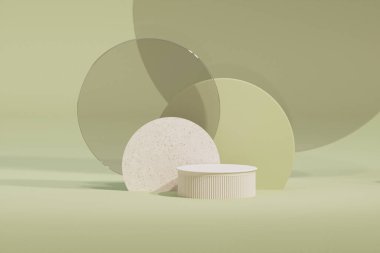 Minimal scene with podium and abstract background. Pastel green and white colors scene. Neutral-colored 3D render 3D illustrations are graphic design trend for 2023. Geometric shapes interior.