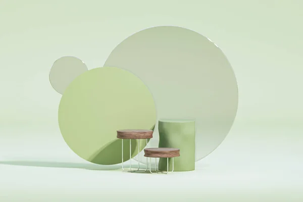 Minimal scene with podium and abstract background. Pastel green and white colors scene. Neutral-colored 3D render 3D illustrations are graphic design trend for 2023. Geometric shapes interior.