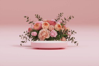 Pastel pembe arka planda gül çiçekleri ve palmiye yaprağıyla 3D lüks podyum. Güzellik için minimum kaide, kozmetik ürün. Valentine, kadınsı kopyalama alanı şablonu 3d oluşturma
