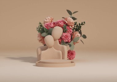 3D podium display, pastel beige background with couple statue. Minimal pedestal for beauty, cosmetic product. Valentine, feminine copy space template 3d render