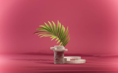 Viva magenta is a trend colour year 2023. 3D background, red circle podium, rose flower, palm leaf branch shadow. Cosmetic or beauty product promotion step pedestal. Abstract 3D render template. top view clipart