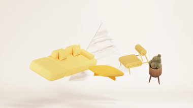 İç dizayn konsepti ev dekorasyonu ve mobilya satışları promosyonlar ve indirimler sırasında, yatak, kanepe, koltuk ve reklam alanları ile çevrilidir. Pastel arka plan. 3d hazırlayıcı