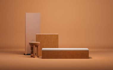 3D background, podium display. Natural brown, beige banner backdrop with light and shadow. Product promotion Beauty cosmetic, nature stone panel. 3D render pedestal podium on orange background.