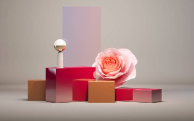 3D background, podium display. Natural brown, beige banner backdrop with light and shadow. Product promotion Beauty cosmetic, nature stone panel. 3D render pedestal podium on orange background.