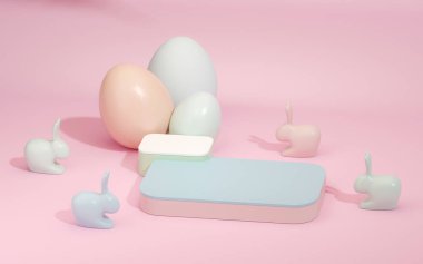 3D podyum, yaratıcı paskalya yumurtası pastel mavi arka planda tavşan. Mutlu Paskalya tatili geçmişi. Pankart, web posteri, el ilanı kapağı, şık broşür, tebrik kartı..