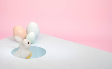 3D podyum, yaratıcı paskalya yumurtası pastel mavi arka planda tavşan. Mutlu Paskalya tatili geçmişi. Pankart, web posteri, el ilanı kapağı, şık broşür, tebrik kartı..