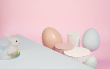 3D podyum, yaratıcı paskalya yumurtası pastel mavi arka planda tavşan. Mutlu Paskalya tatili geçmişi. Pankart, web posteri, el ilanı kapağı, şık broşür, tebrik kartı..