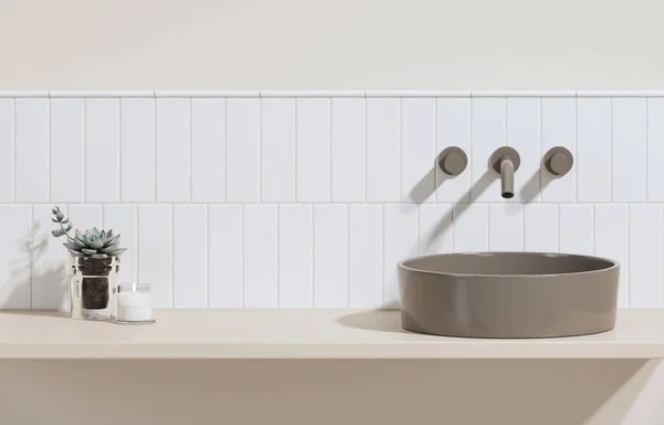 Renderuje Pusty Beżowy Licznik Próżności Ceramiczną Umywalką Nowoczesnym Kranem Łazience — Zdjęcie stockowe