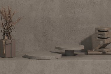 Koyu kahverengi taş levha ürün sunumu için model bitkiler sahnesi, duvarda Sunshade, ürün sunumu veya reklamlar için soyut arkaplan. 3d oluşturma