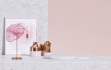 Gül altın tepsisi, pembe çiçekli ve tropikal izinli üç boyutlu masa tezgahı. Lüks organik güzellik, moda, mücevher, kozmetik ürünler. Resim çerçeveli 3d görüntüleme şablonu