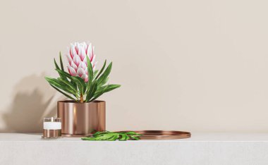 Gül altın tepsisiyle 3D masa tezgahı, çiçeklerle bej arka plan ve tropikal izinler. Lüks organik güzellik, moda, mücevher, kozmetik ürünler. Resim çerçeveli 3d görüntüleme şablonu