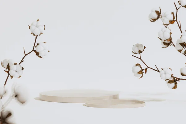 Composición Mínima Con Podio Madera Flores Algodón Blanco Branch Sobre —  Fotos de Stock