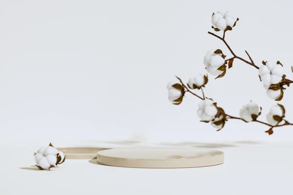 Composition Minimale Avec Podium Bois Fleurs Coton Blanc Branche Sur — Photo