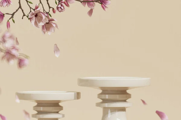 Background Beige Podium Display Sakura Pink Flower Tree Branch Cosmetic — Photo