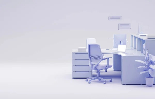 紫色单色最小的写字台 最小的概念学习台和业务团队的概念 和电脑一起工作3D渲染 — 图库照片