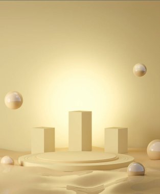 Geometrik formlu soyut yaz manzarası. Kozmetik ürün sergisi için yüzen sarı küreli güzellik podyumu. 3d oluşturma.