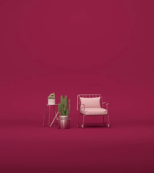 Minimal Σκούρο Ροζ Σκηνή Εξωτερική Καρέκλα Κάκτο Ποτ Viva Magenta — Φωτογραφία Αρχείου